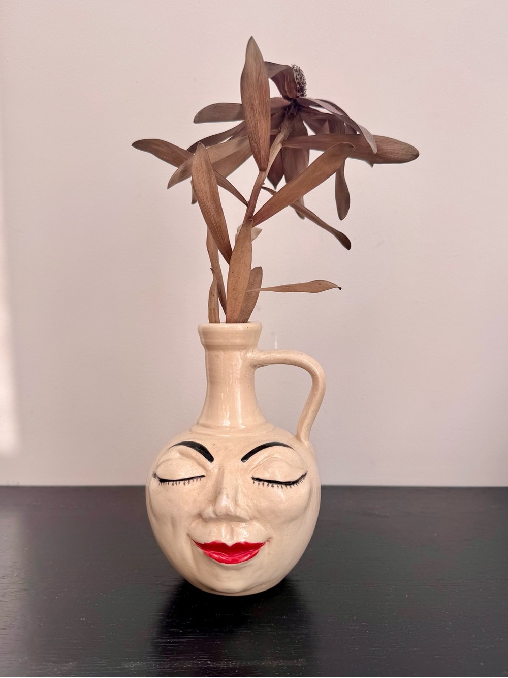 Handcrafted Ceramic Face Vase with Red Lips - Home Art